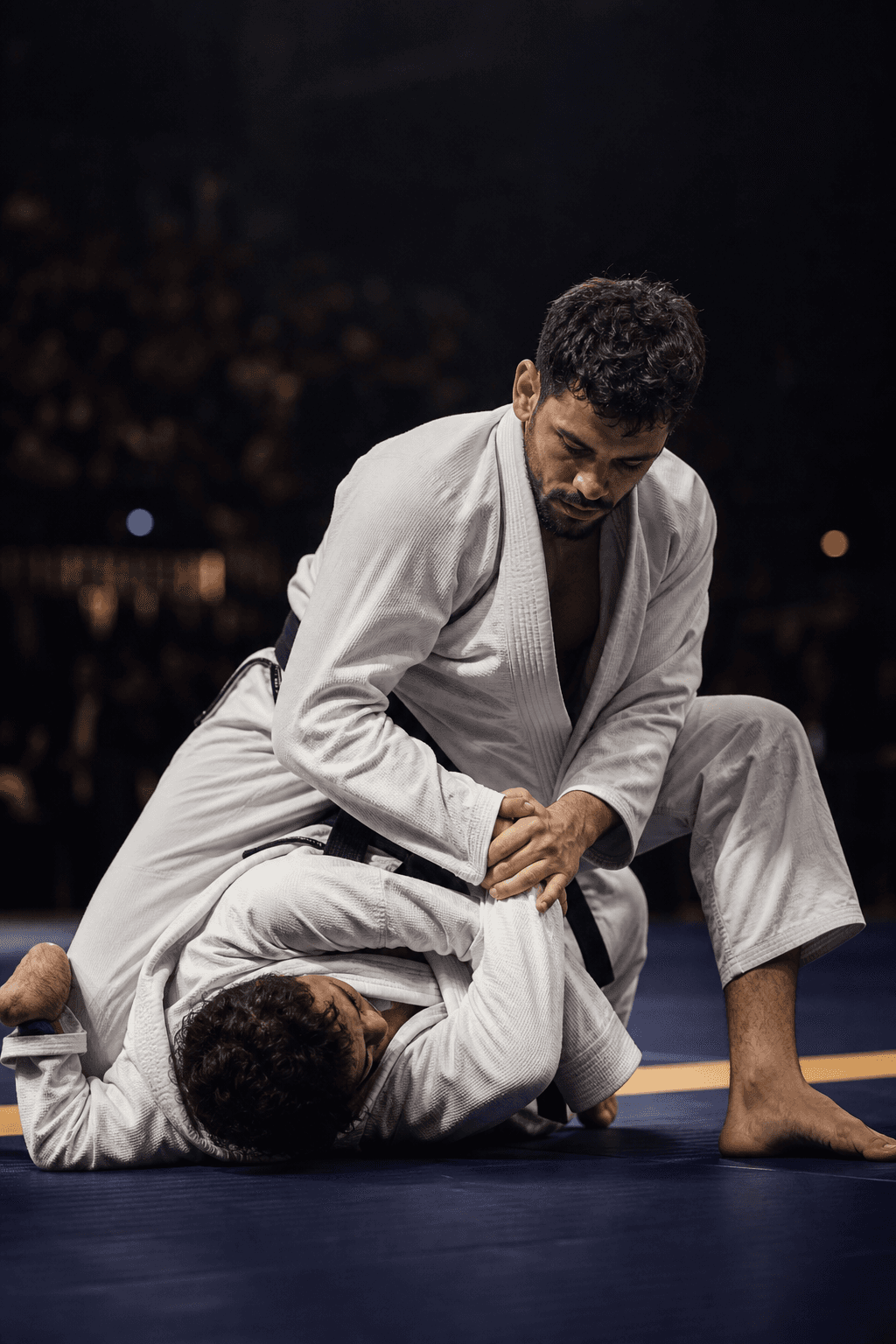 Atletas em combate de jiu-jitsu brasileiro durante uma luta